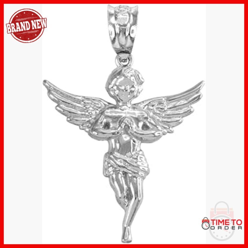 10K White Gold Praying Angel Charm Pendant, Textured Religious Jewelry